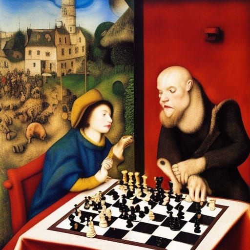 Dogs Play Chess with Sheep in Zombiecore Style