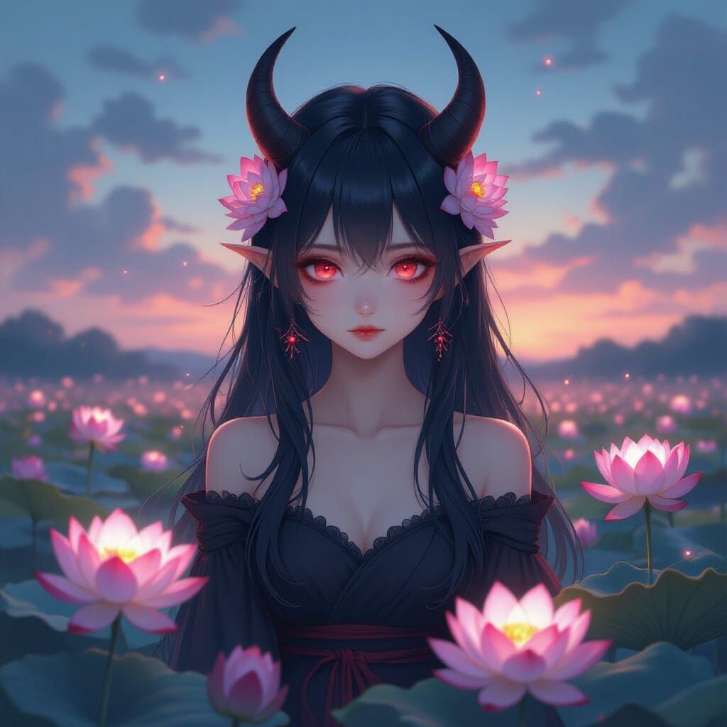 Anime Demon Girl With Lotus Flowers In Ethereal Twilight