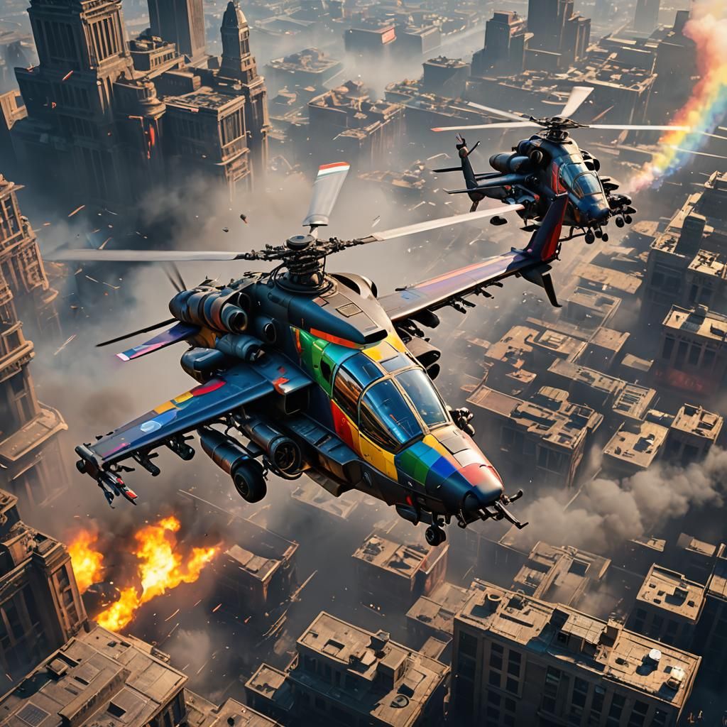 LGBTQ Flagged Fighter Helicopter: Detailed Matte Painting