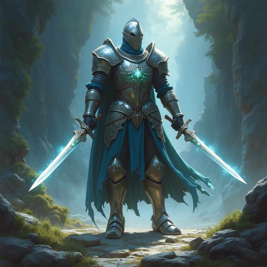 Epic Fantasy Paladin in Silver Armor Wields Dual Scimitars