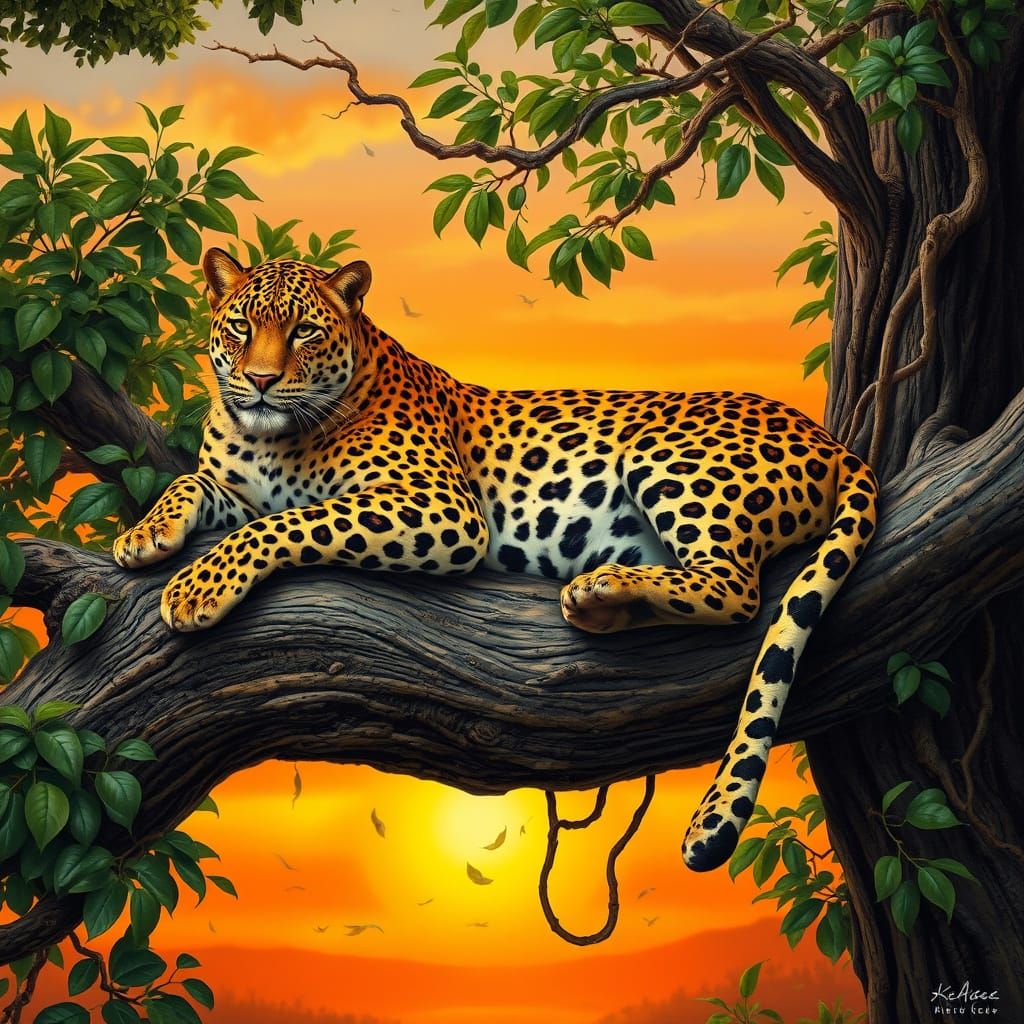 Majestic Leopard in a Dreamlike Savannah Sunset