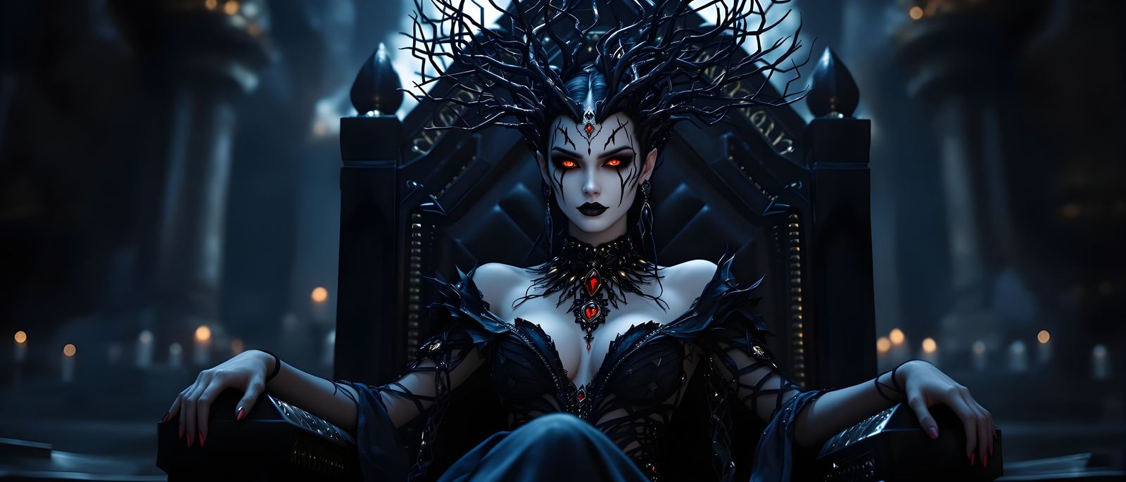 Dark Fantasy Queen on Onyx Throne in Unreal Engine Style
