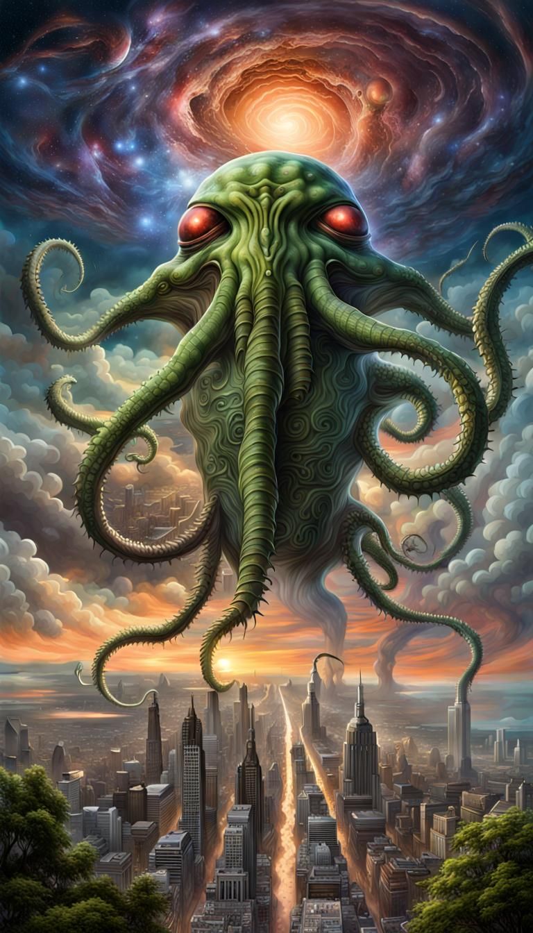 Lovecraftian Being Over City in Hyperrealistic Fantasy