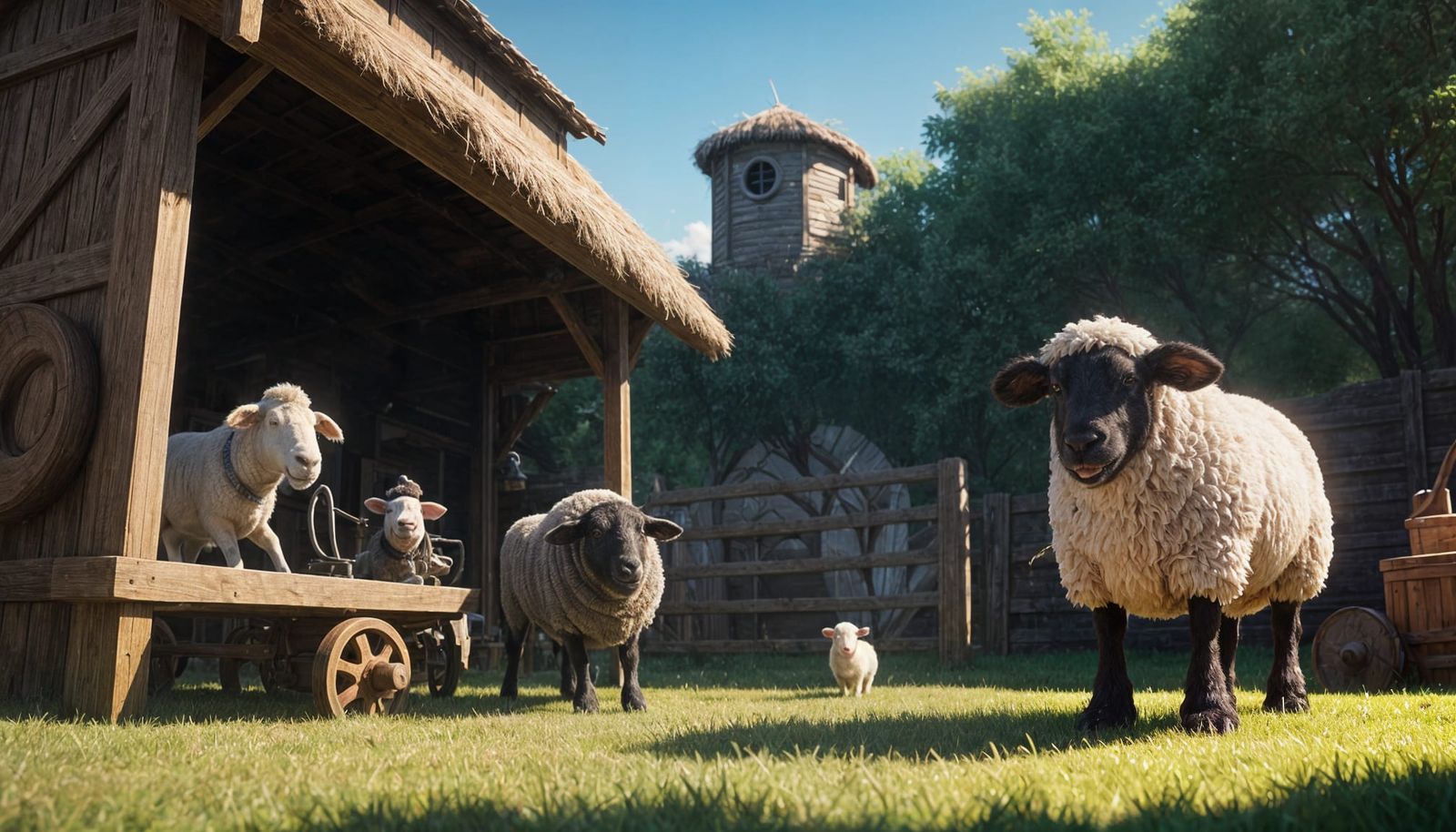 Whimsical Barnyard Scene with Mechanical Sheep Shearer