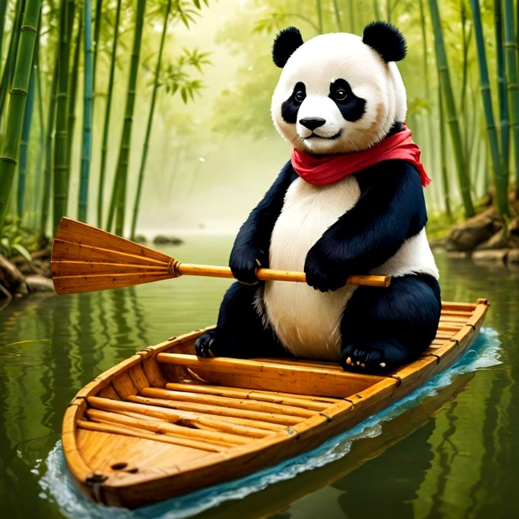 Panda on Bamboo Raft in Serene Forest