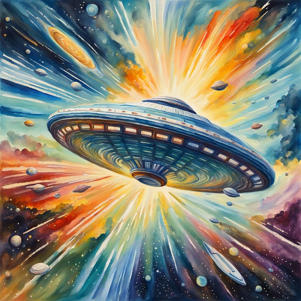 Flying Saucer Hyperspace Travel: Gouache Watercolor Impressi...