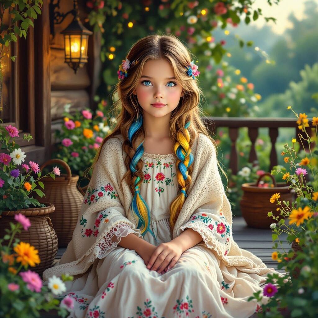 Slavic Girl in Twilight Garden, Fairy Tale Style