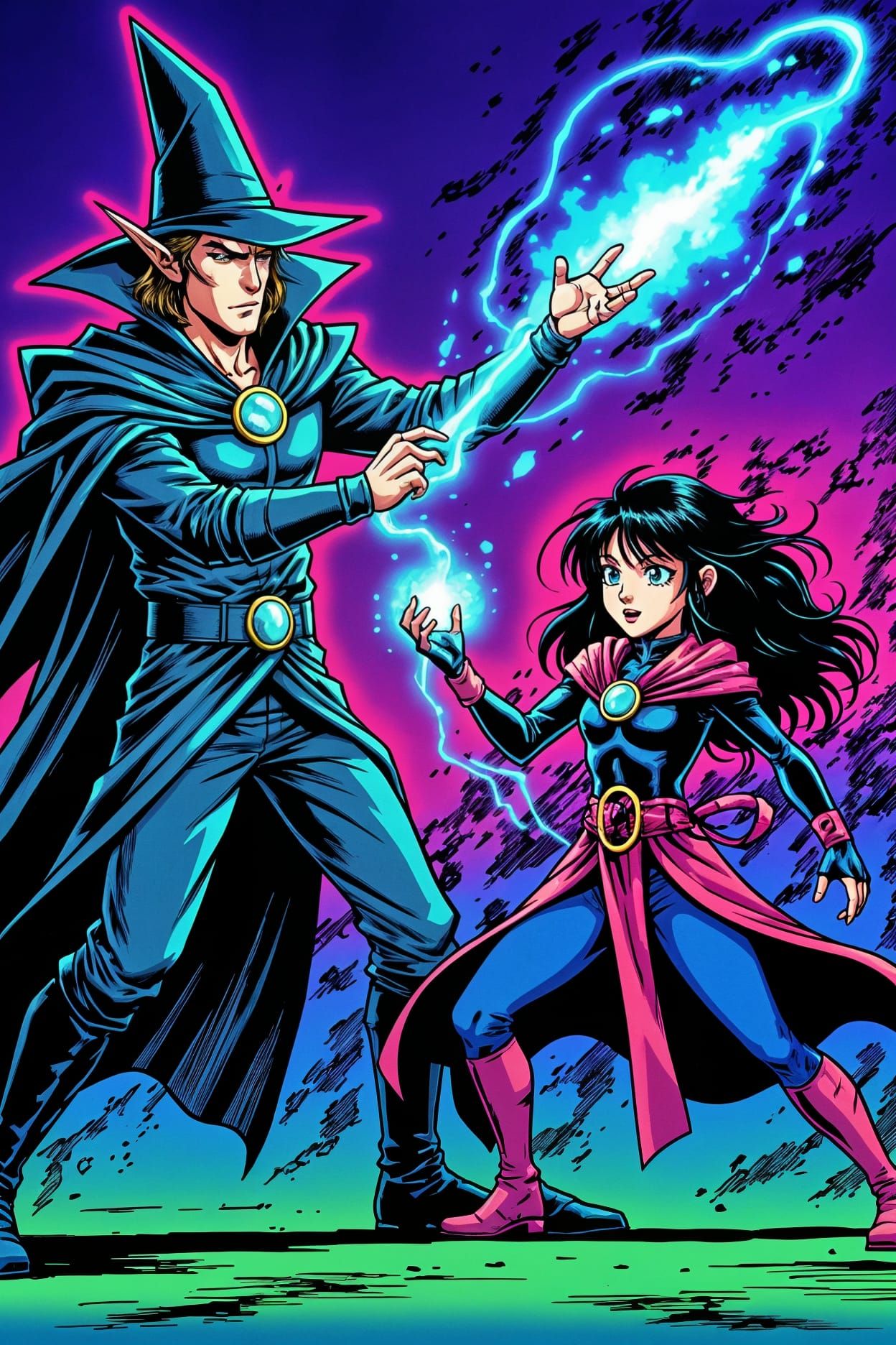 Elf Wizard vs Sorcerer in Retro Anime Style