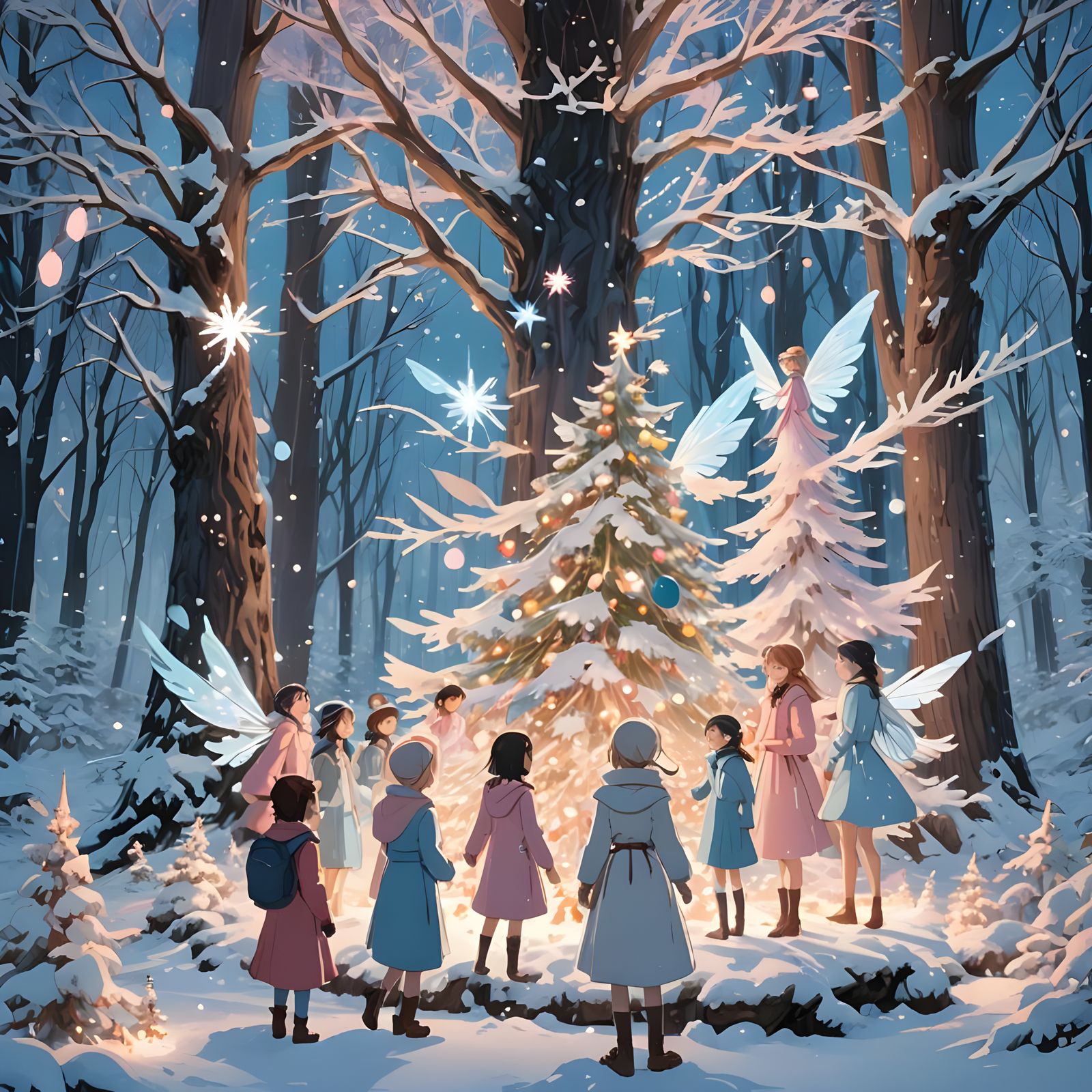 Pink Christmas Fairies: Anime-Style Desktop Wallpaper