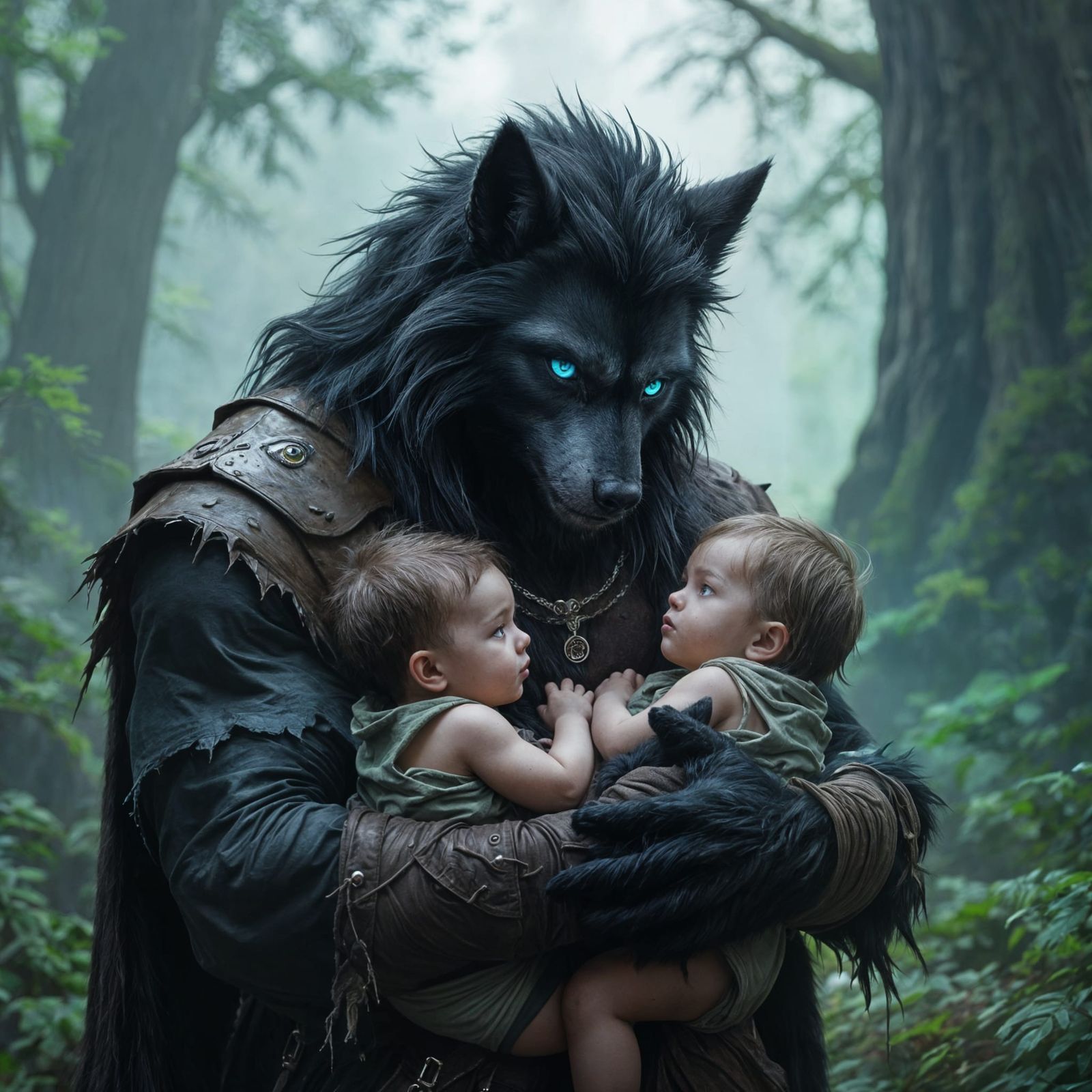 Werewolf Father Shielding His Twin Sons in Redwood Forest