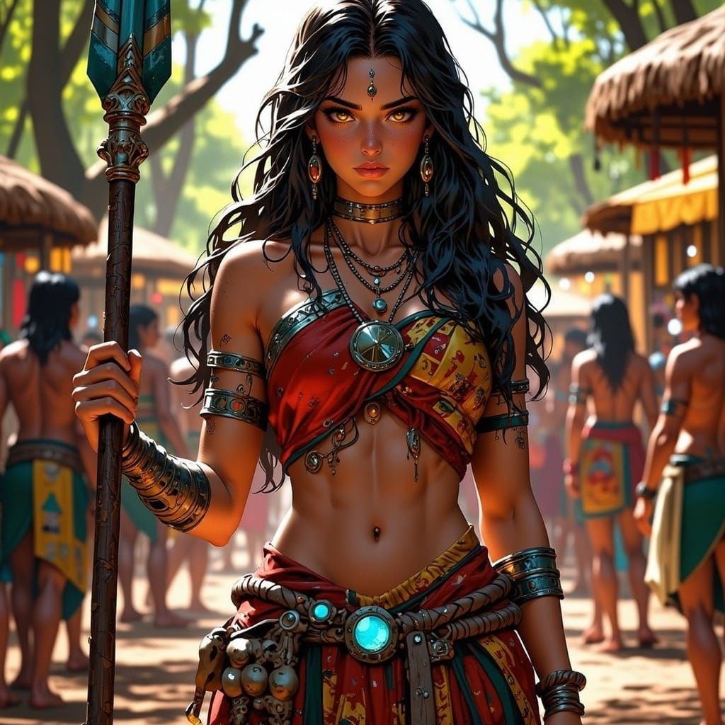 Anime Tribal Leader in Traditional Village Setting