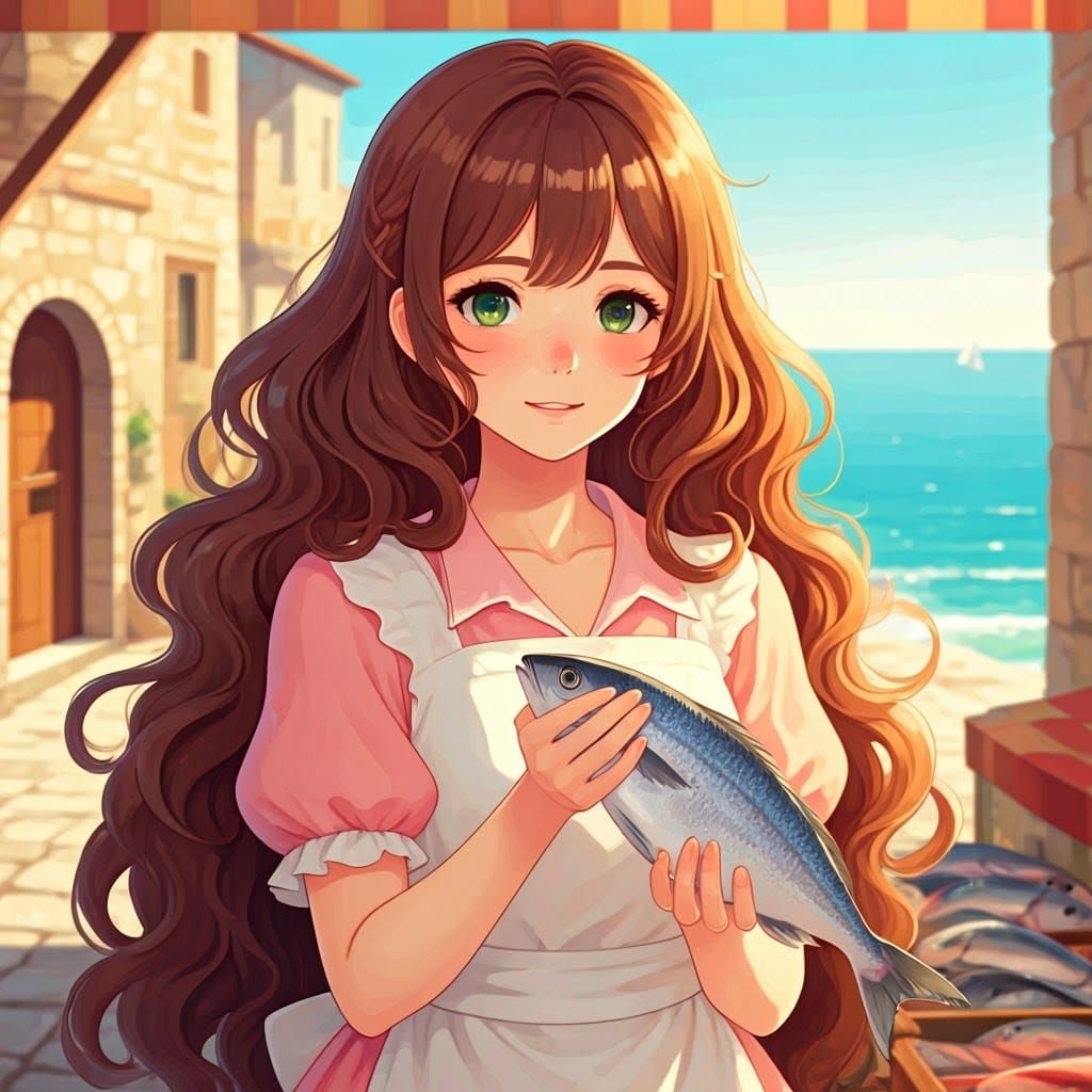 Anime Girl at Italian Fish Market, Ghibli Style