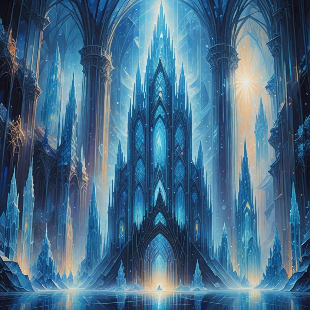 Luminous Blue Beings in Ethereal Crystal Cathedral