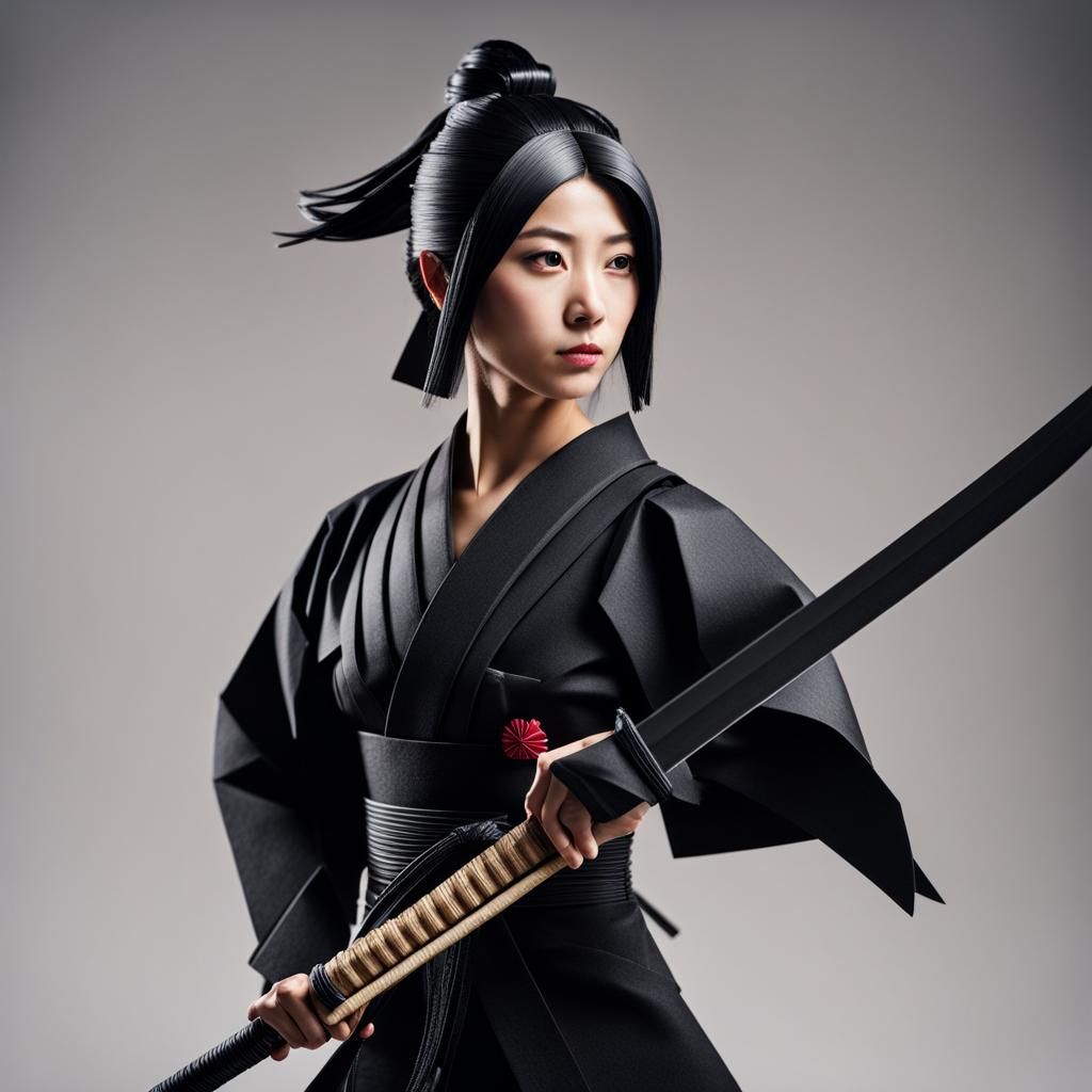 Japanese Woman Ninja Portrait in Papercraft Style