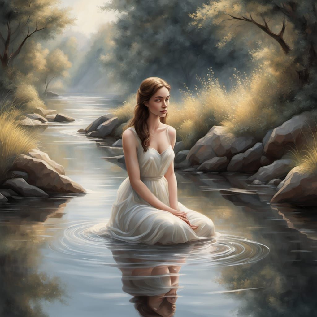 Serene Woman by Ethereal River in Impressionistic Style