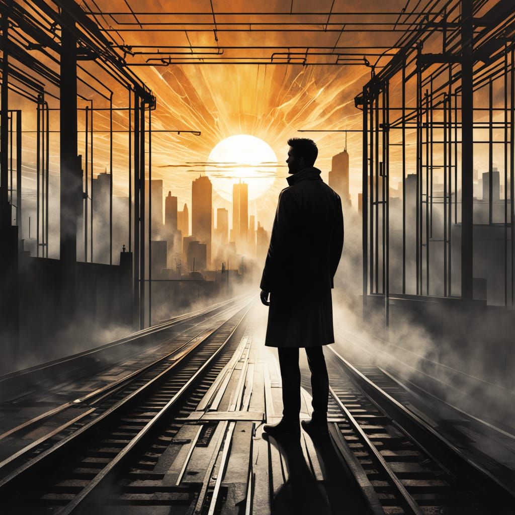 Male Silhouette with Railway Sunrise Inside, Symbolic Art