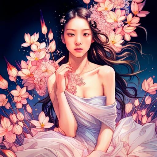 Hyperrealistic Flower Princess Rising from Crystal Petals