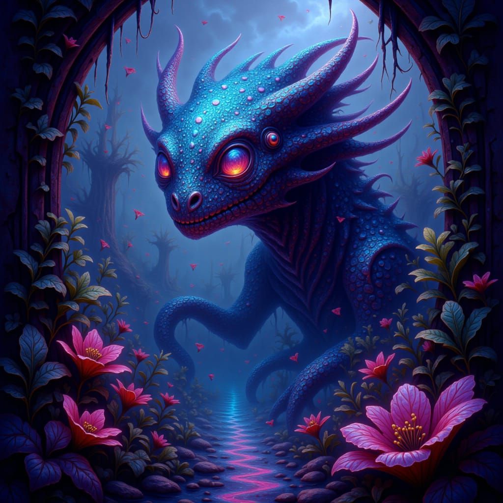 Iridescent Alien Emerges from Neon Jungle