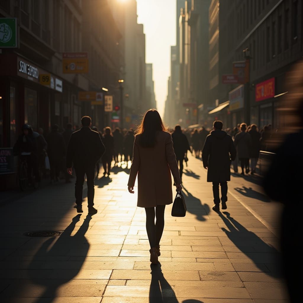 Woman Walking in City Street with Motion Blur