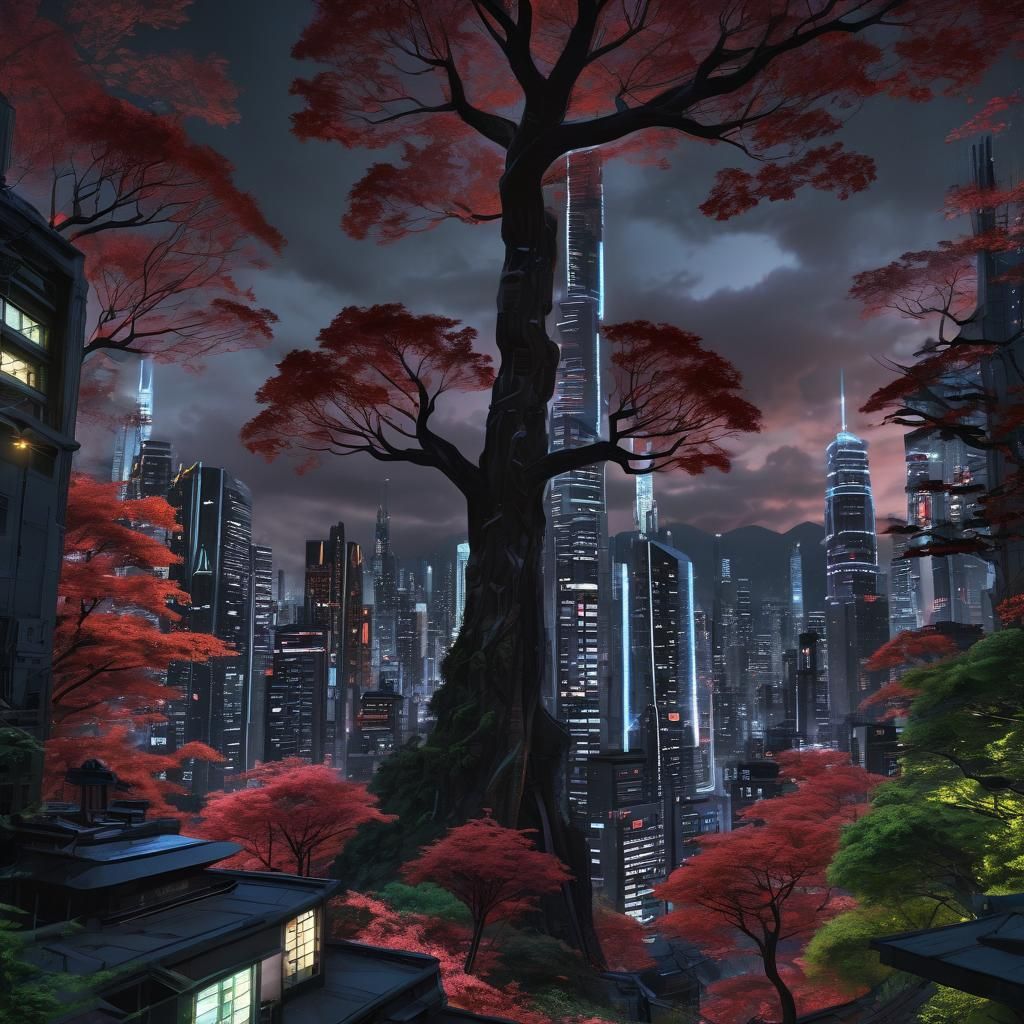 Hyperrealistic Sci-Fi Tokyo Cityscape with Red Leaves