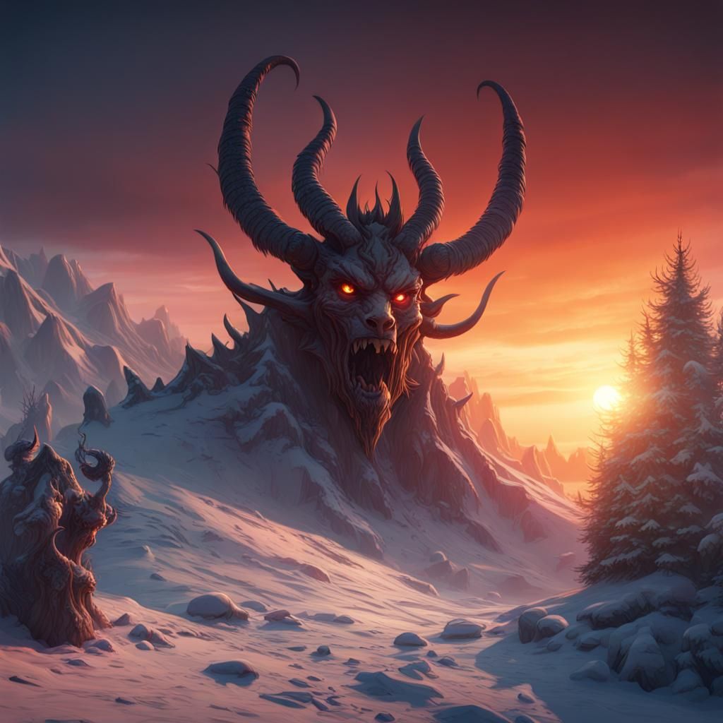 Demons Watching Winter Sunset: Detailed Matte Painting