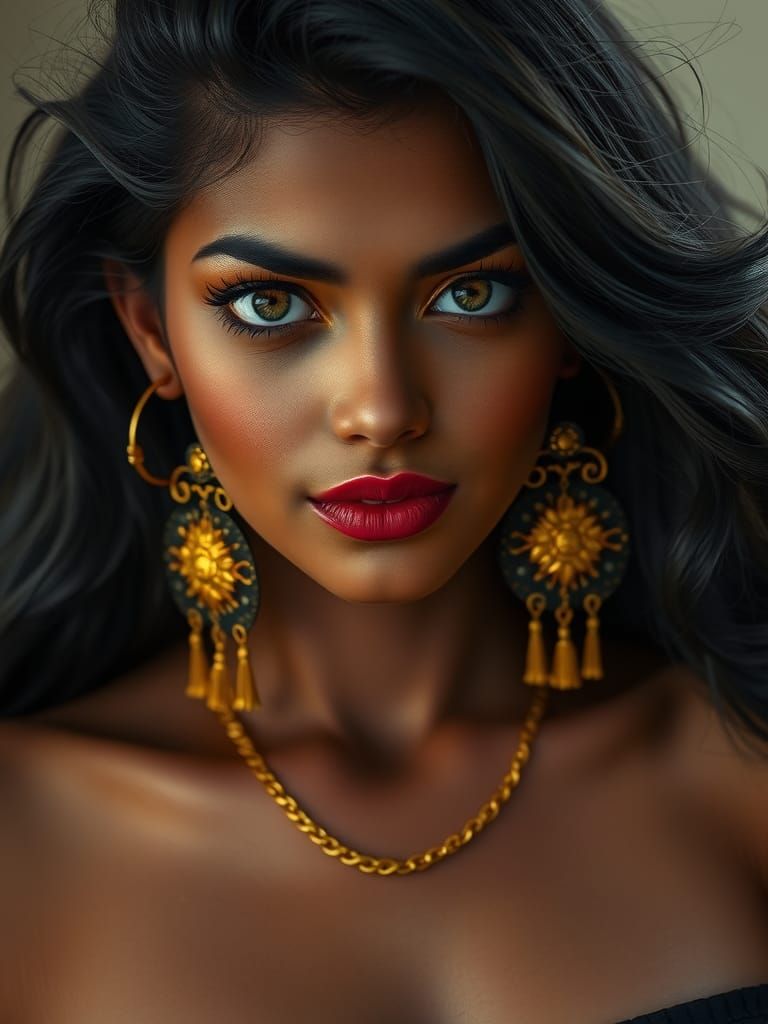 Striking Portrait of Woman with Gold Jewelry