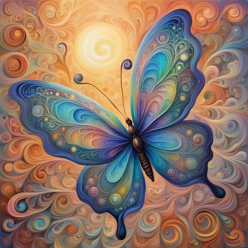 Iridescent Butterfly Fluttering in Sunrise: Abstract Art