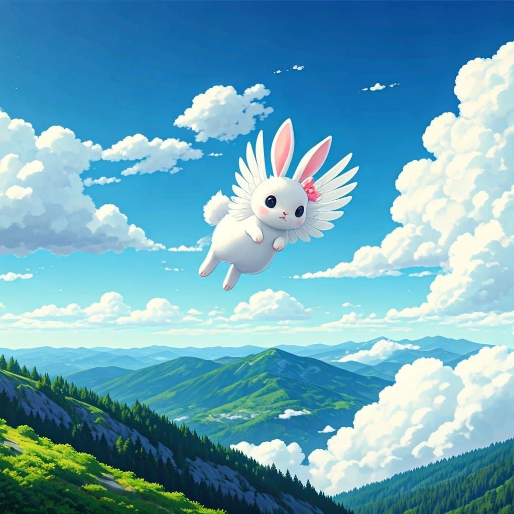 Flying White Bunny with Wings in Anime Style