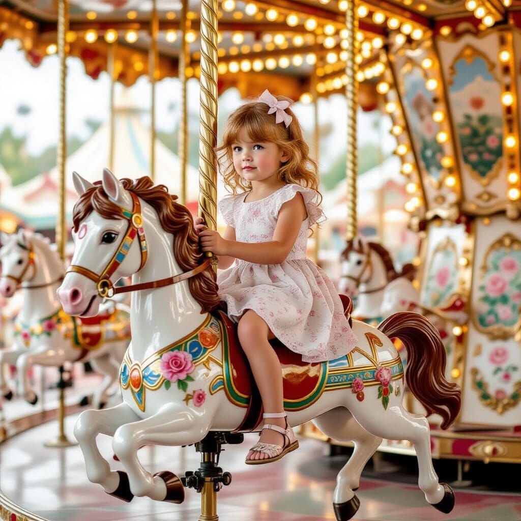 Girl on Carousel Horse in Dreamy Fairground