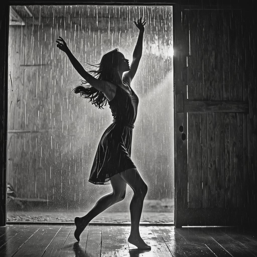 Monochrome Silhouette: Dancing Woman in Rainy Barn