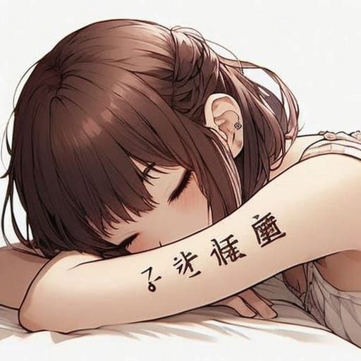 Sleeping Woman with Kanji, Vibrant Anime Concept Art