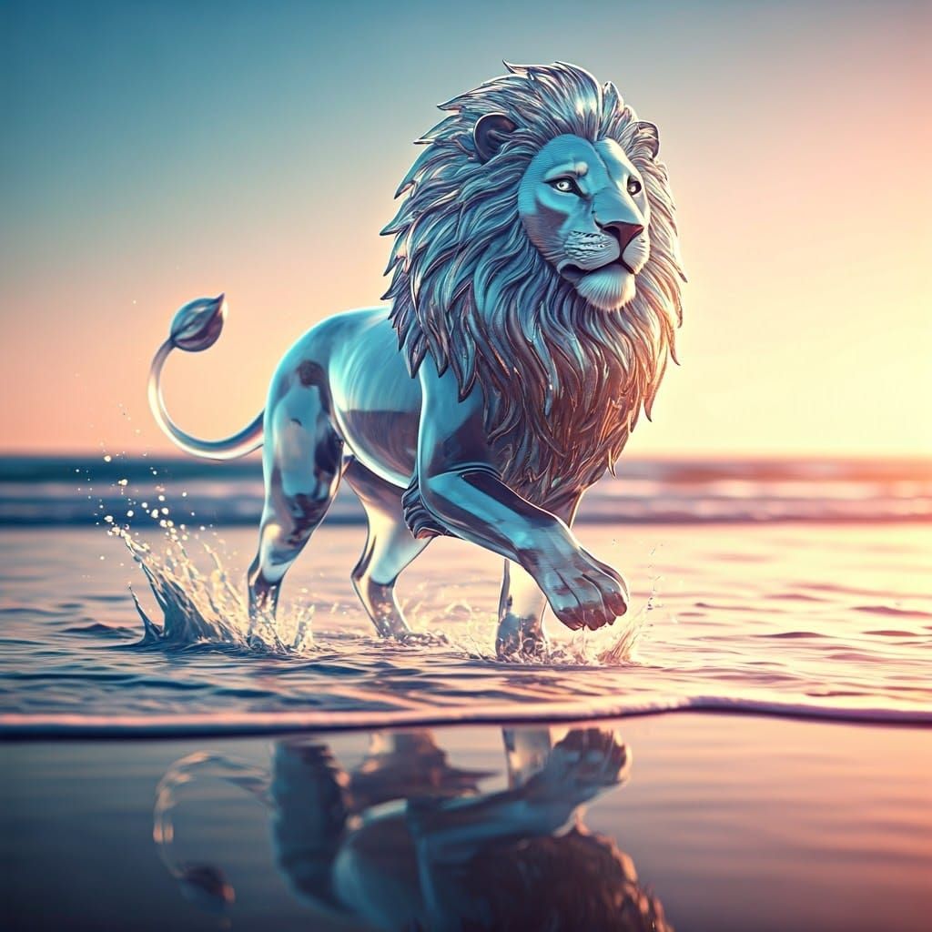 Glass Lion Frolics on Beach in Pixar Style