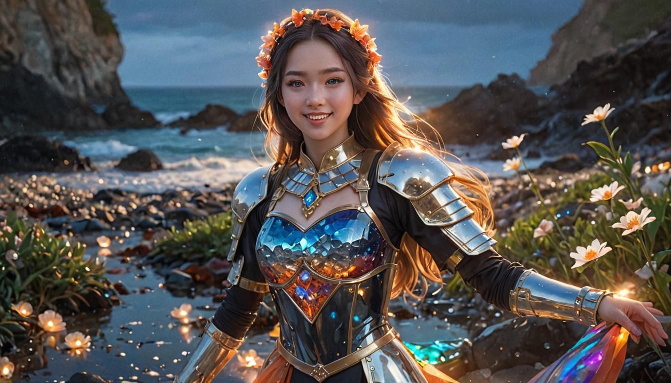 Anime Girl in Crystal Armor on Glass Beach