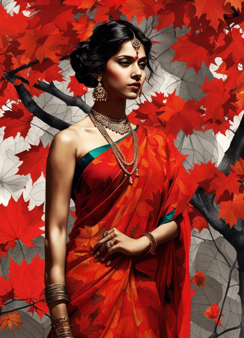 Indian woman wearing red saree standing beside red maple tre...