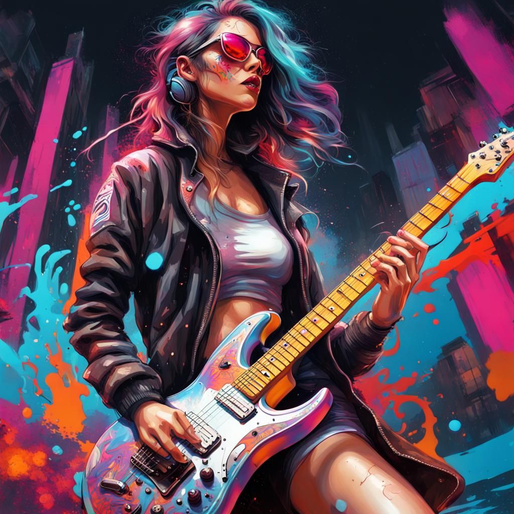 Cyberpunk Guitarist in Graffiti Art Style