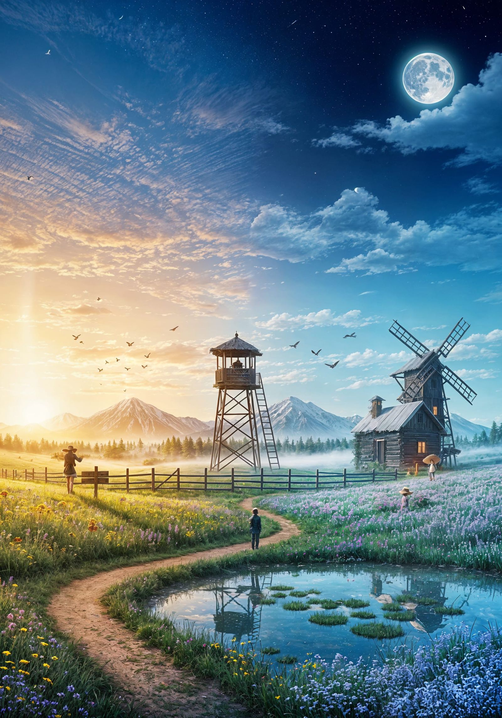 Dual Day & Night Landscape with Watchtower