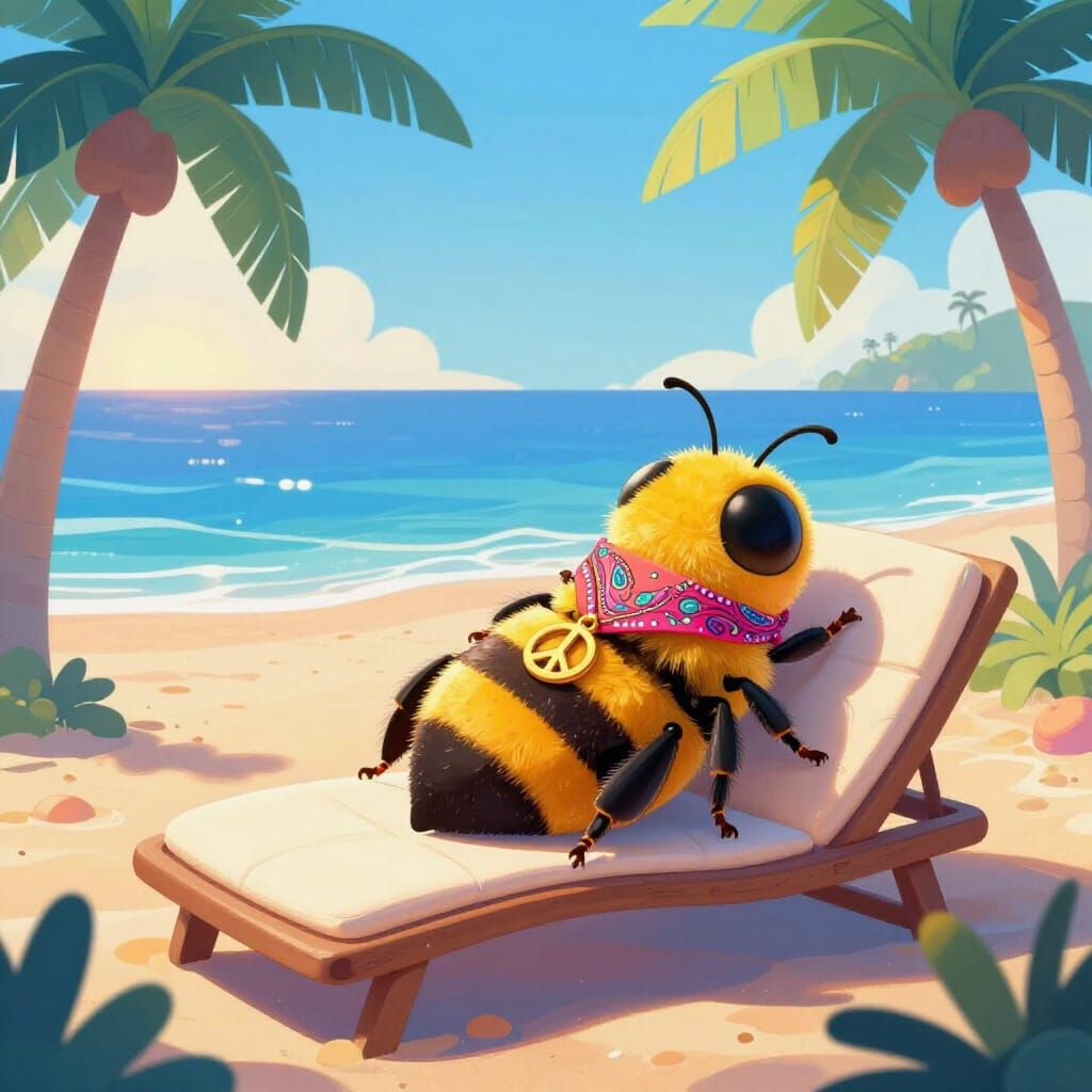 Psychedelic Bee on Beach in Art Nouveau Style