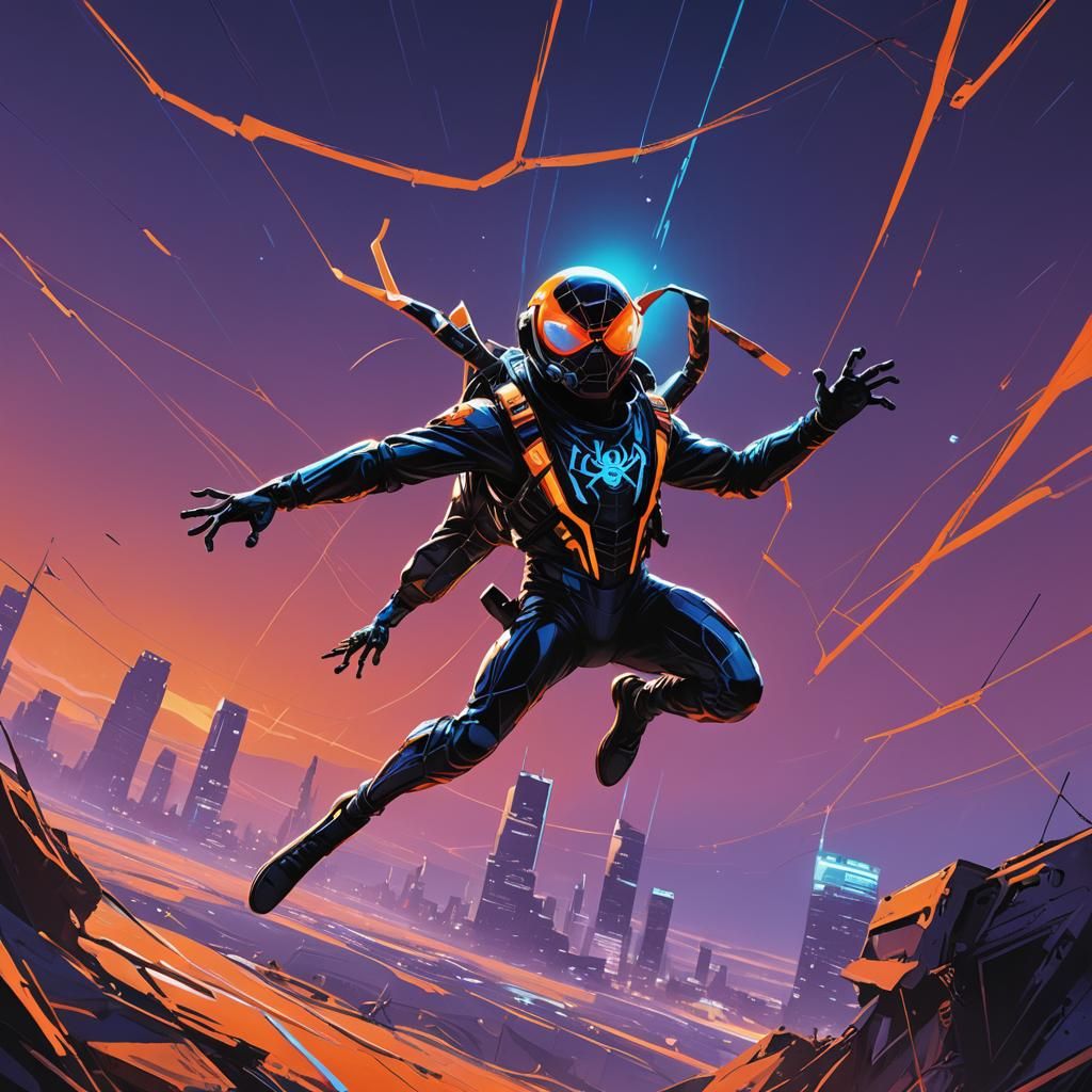 Neon Spider Skydiving in Apocalyptic Cityscape