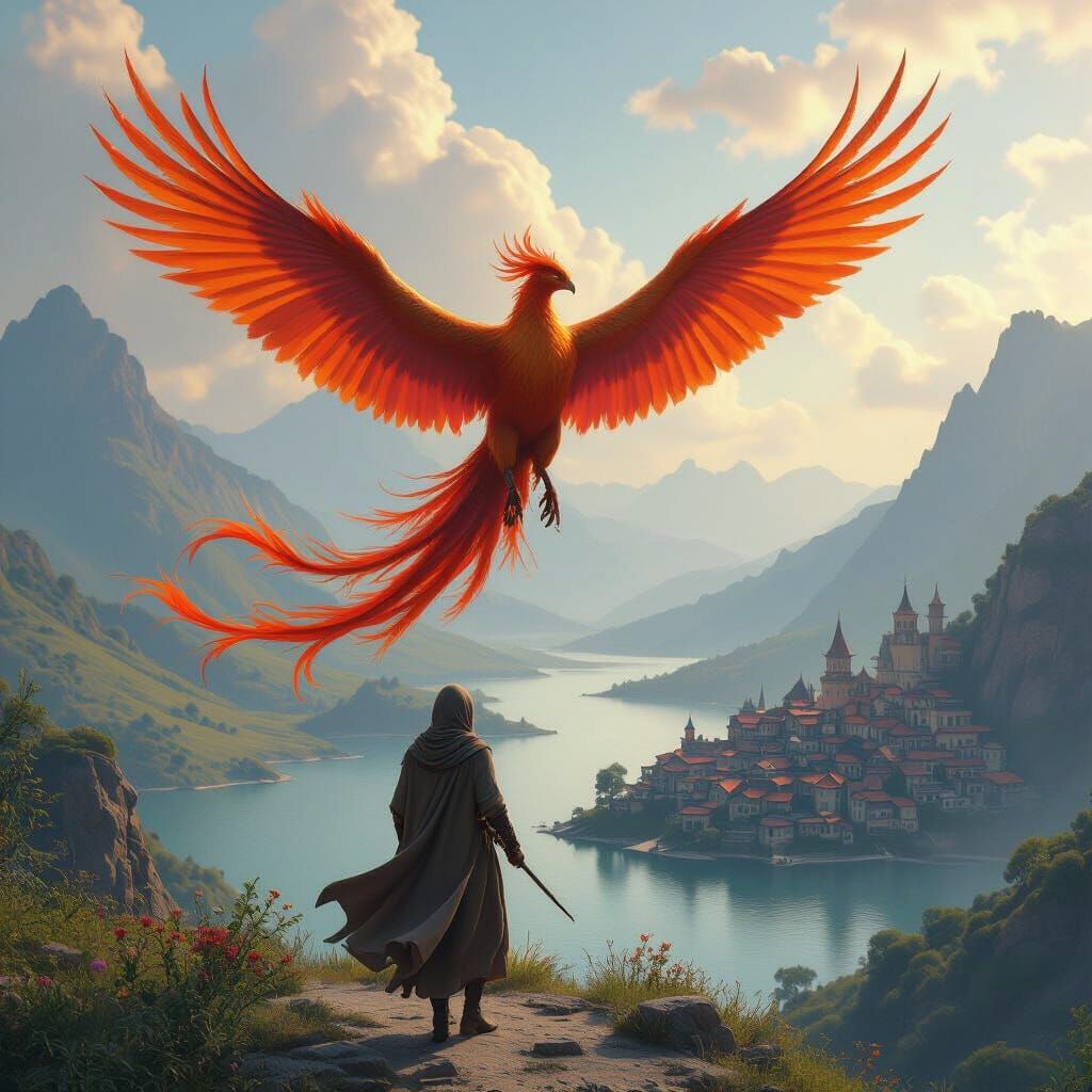 Lone Rider on Phoenix Over Hills in Matte Painting Style