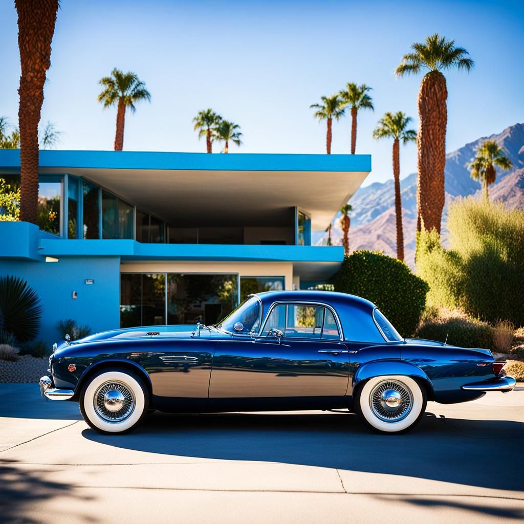 Blue Car Outside 1960s Palm Springs House