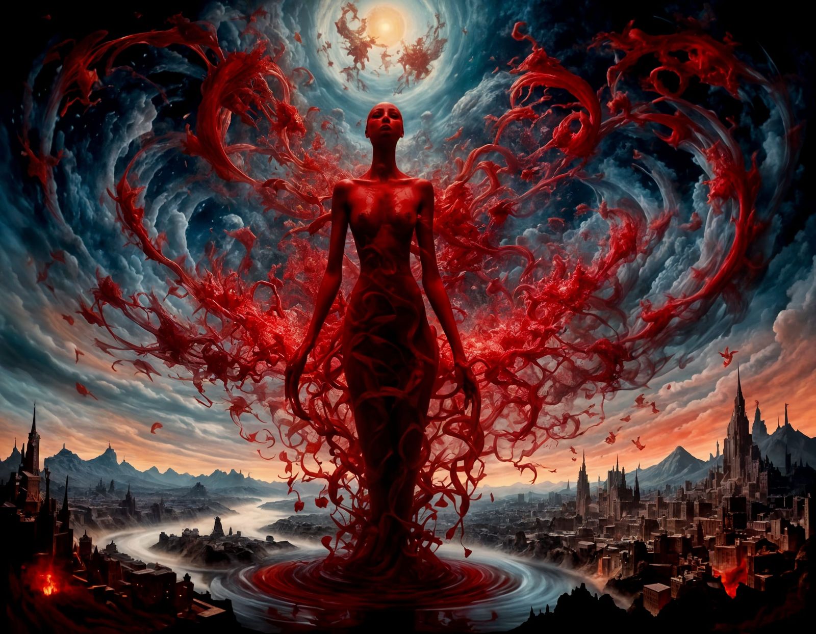 Surreal Landscape With Red Demon and Angels