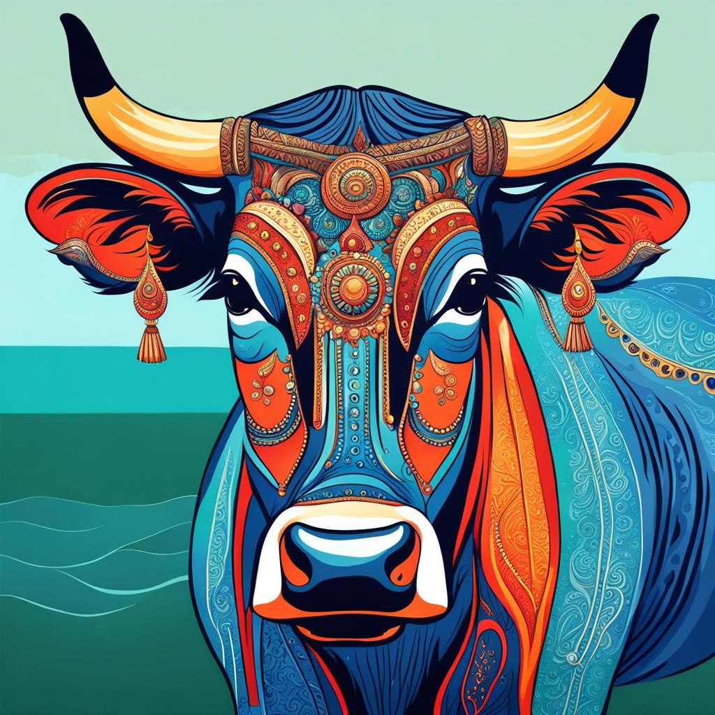 Abstract Indian Cow in Ocean Painting