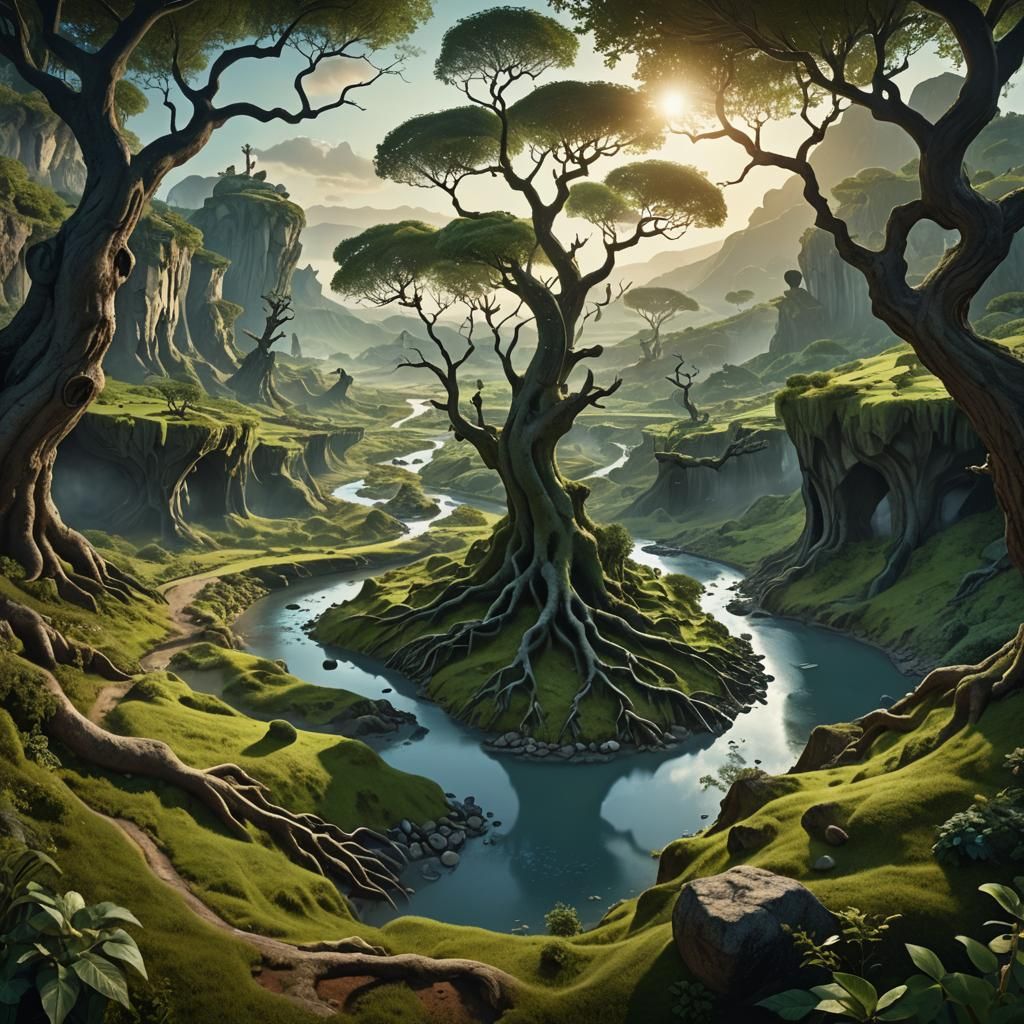 Lush Green Valley at Dawn: Fantasy Landscape