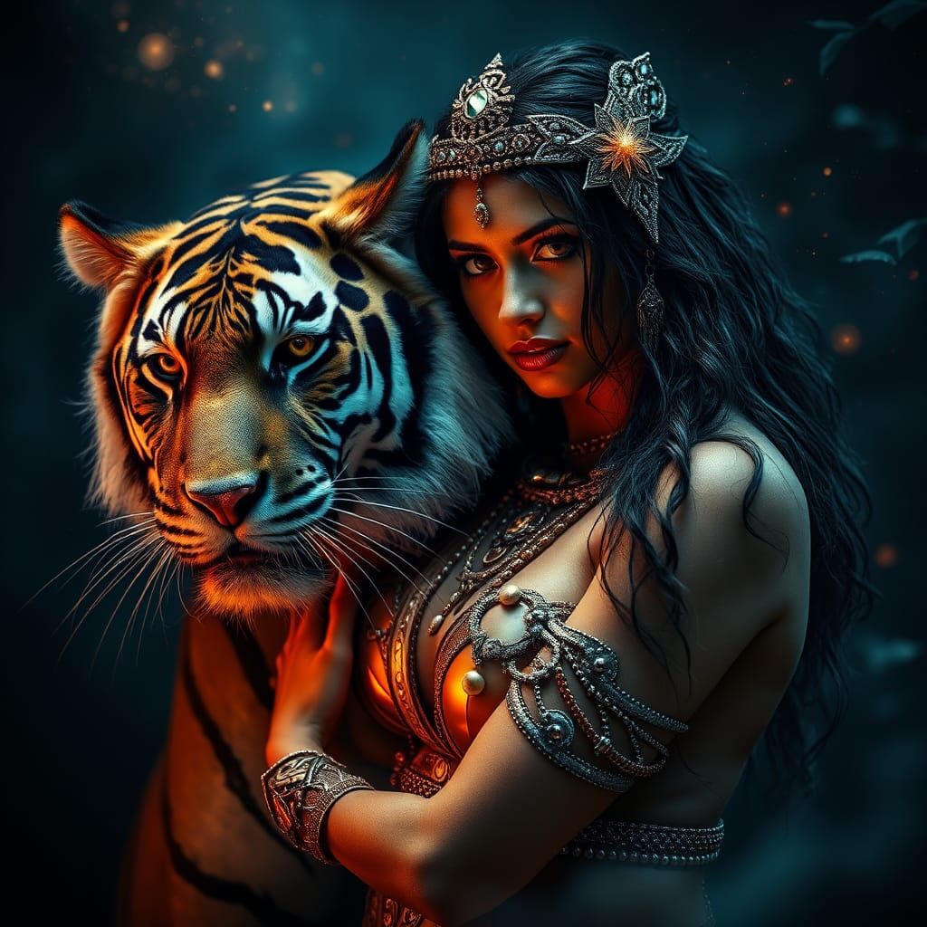 Amazon Warrior Woman and Tiger in Mystical Style