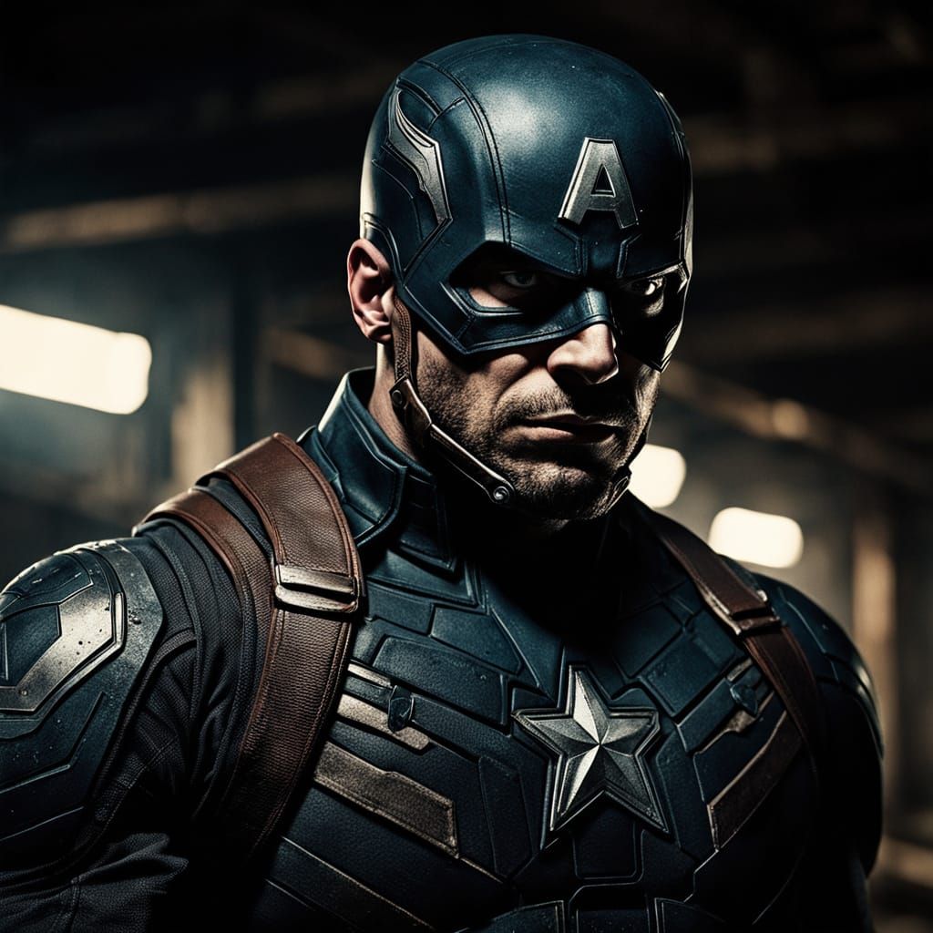 Gritty Dark Superhero in Moody Industrial Setting