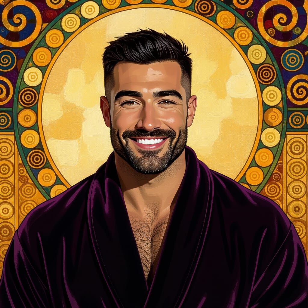 Handsome Man in Velvet Robe, Klimt-Style Impressionist Portr...