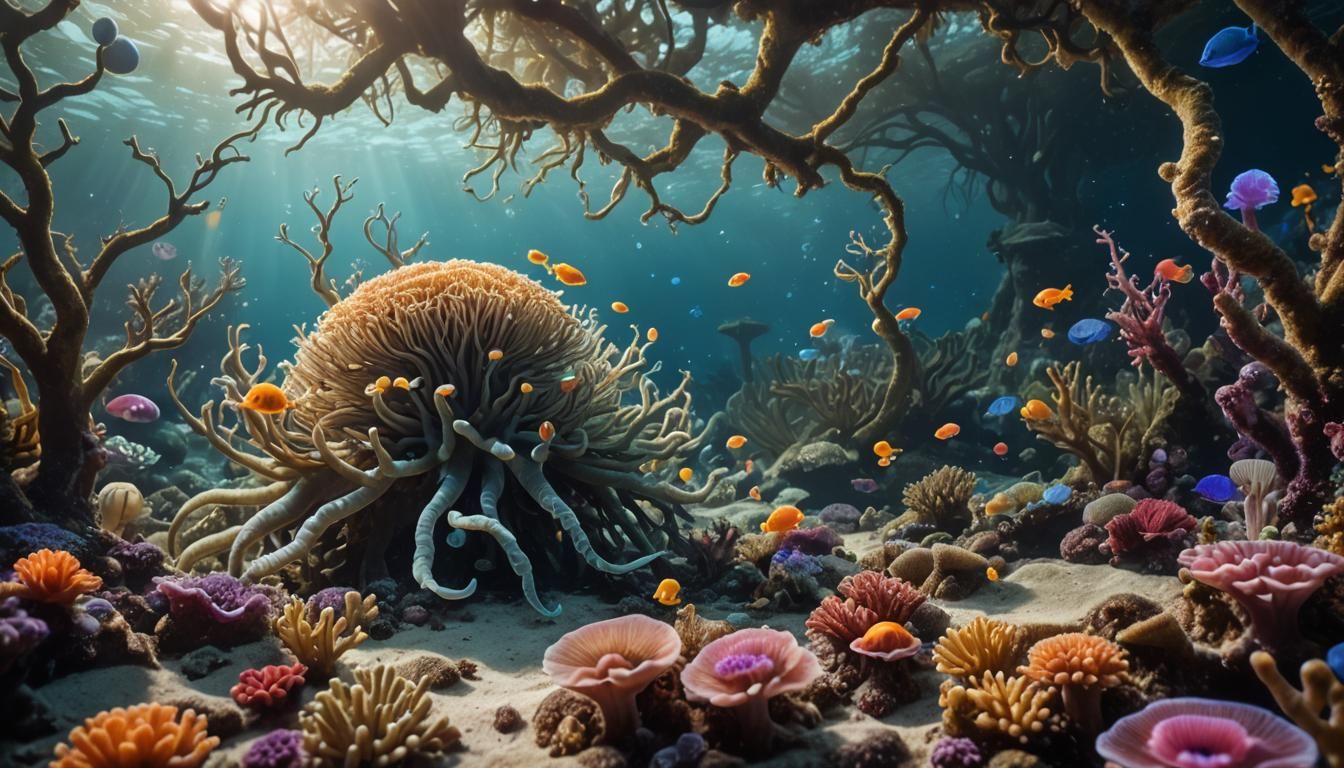 Magical Underwater Forest with Luminous Creatures