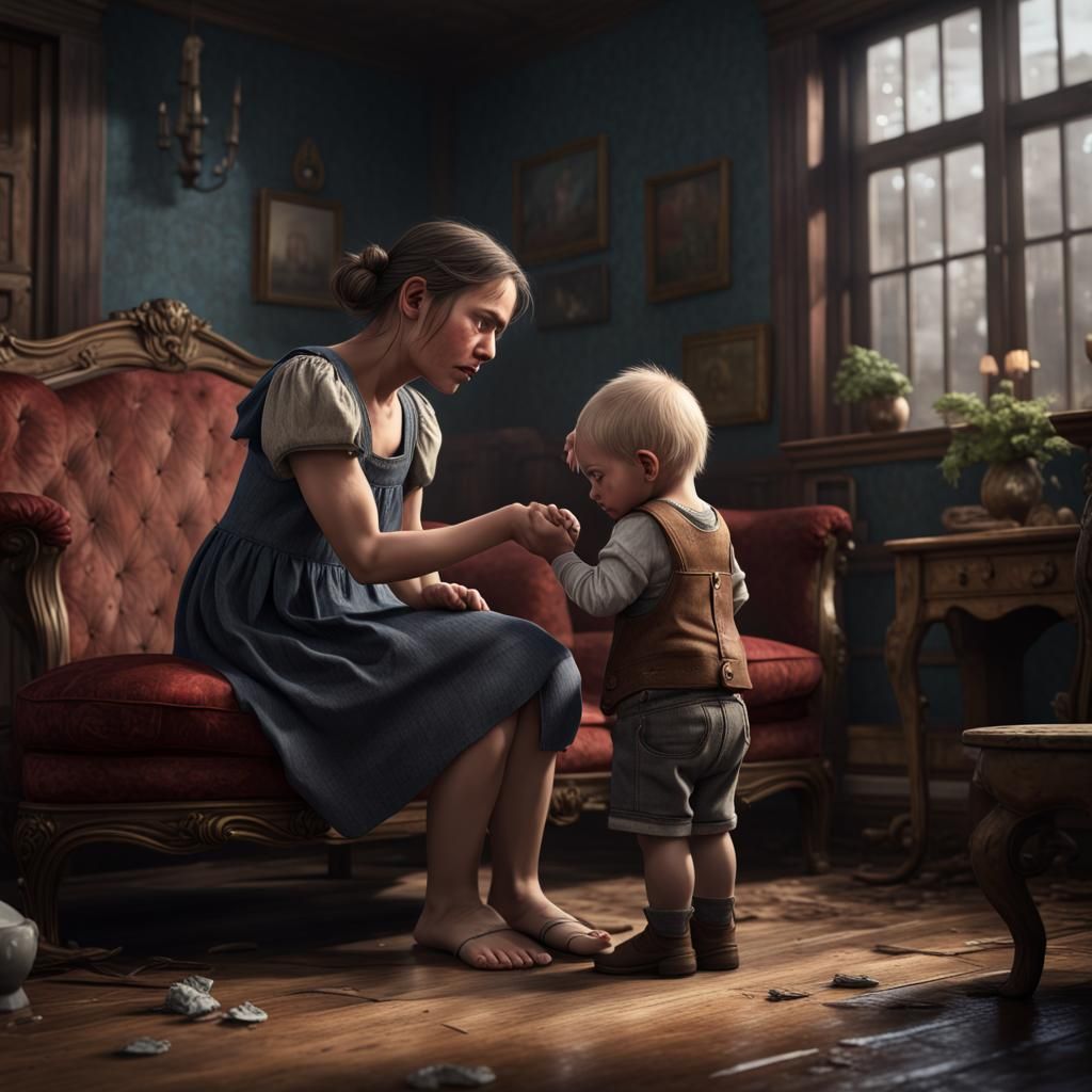 In a dingy front room of a house a seated crying regret fill...