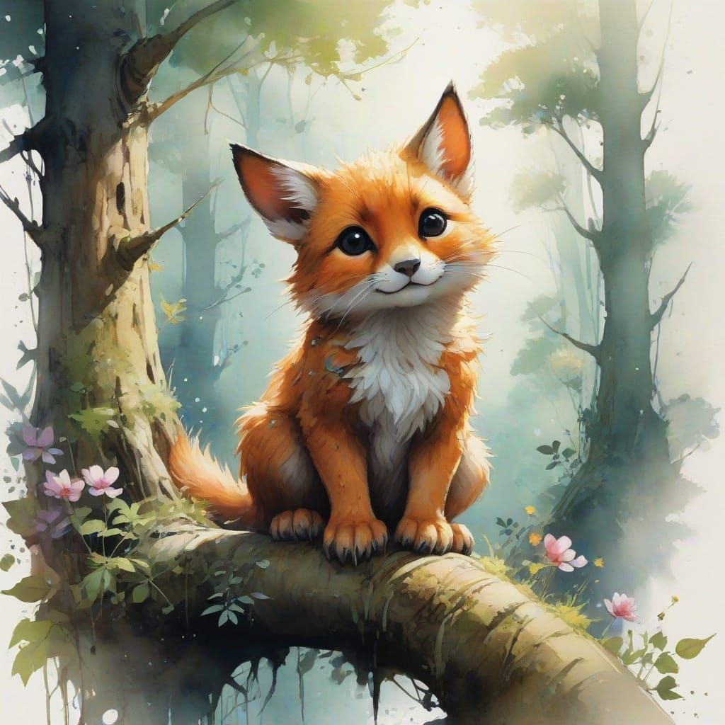 Whimsical Watercolor of a Playful Forest Creature in a Magic...