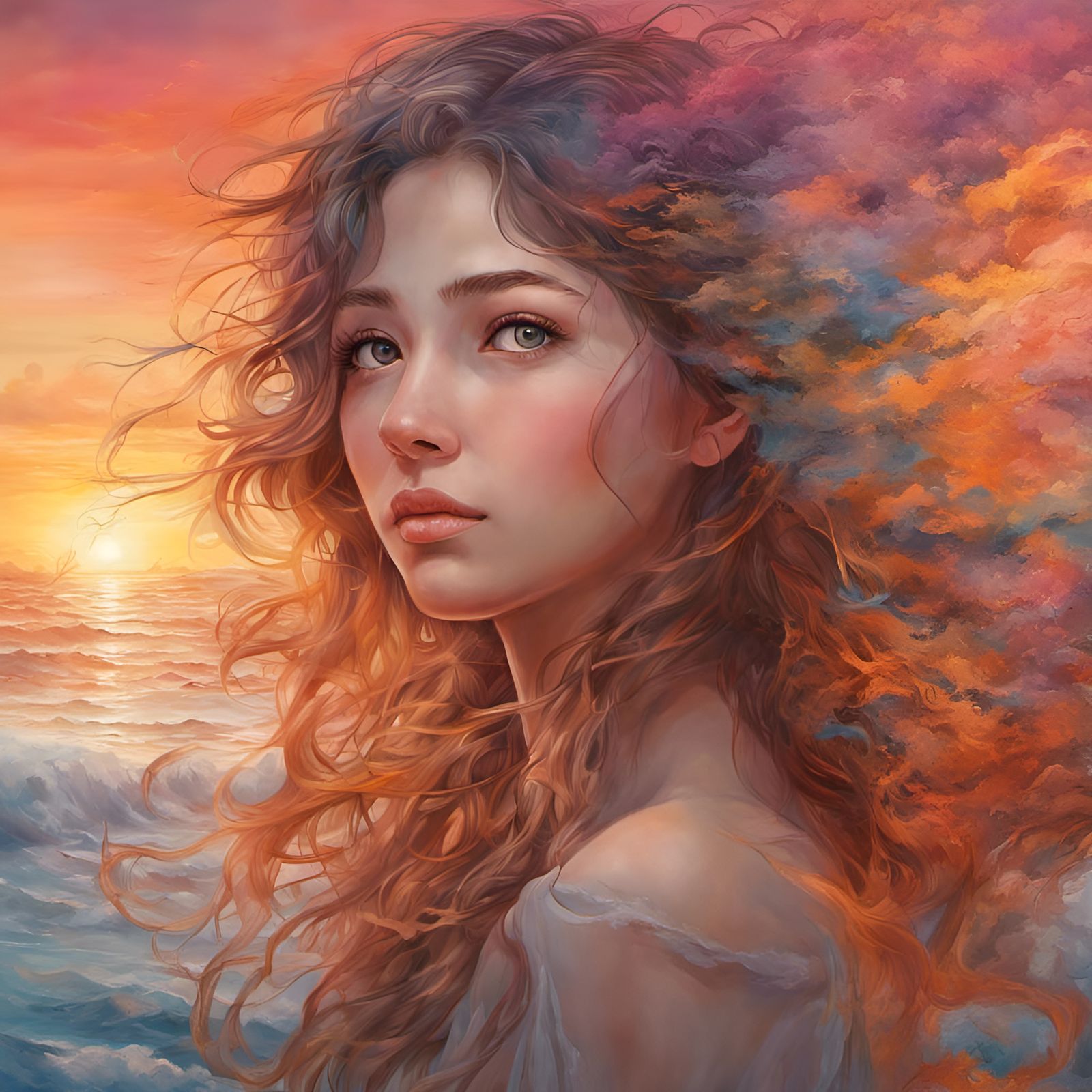 Realistic Transparent Girl Blended with Beach Sunset